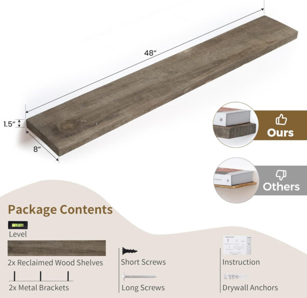 Floating Shelves | 8" Deep Rustic Reclaimed Barnwood Wall Hanging Shelves with Invisible Heavy-Duty Metal Bracket | Wall Mounted | Farmhouse Style | 36 inches, 2 PCs, Distressed Natural