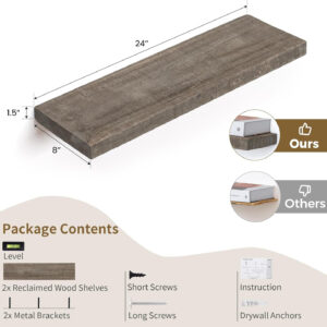 Floating Shelves | 8" Deep Rustic Reclaimed Barnwood Wall Hanging Shelves with Invisible Heavy-Duty Metal Bracket | Wall Mounted | Farmhouse Style | 36 inches, 2 PCs, Distressed Natural