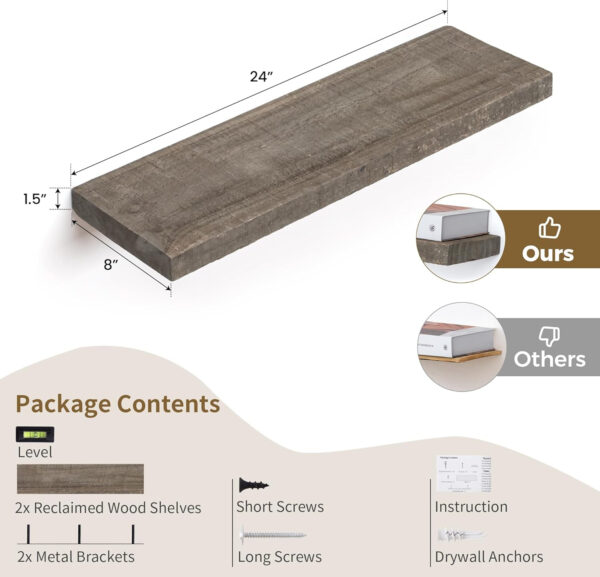 Floating Shelves | 8" Deep Rustic Reclaimed Barnwood Wall Hanging Shelves with Invisible Heavy-Duty Metal Bracket | Wall Mounted | Farmhouse Style | 36 inches, 2 PCs, Distressed Natural