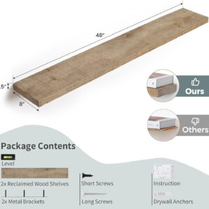 Floating Shelves | 8" Deep Rustic Reclaimed Barnwood Wall Hanging Shelves with Invisible Heavy-Duty Metal Bracket | Wall Mounted | Farmhouse Style | 36 inches, 2 PCs, Distressed Natural