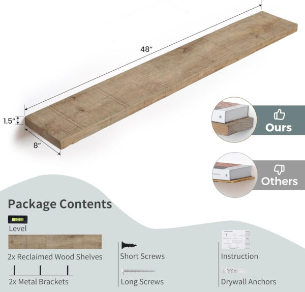 Floating Shelves | 8" Deep Rustic Reclaimed Barnwood Wall Hanging Shelves with Invisible Heavy-Duty Metal Bracket | Wall Mounted | Farmhouse Style | 36 inches, 2 PCs, Distressed Natural