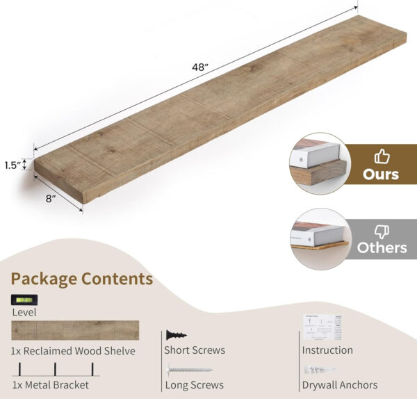 Floating Shelves | 8" Deep Rustic Reclaimed Barnwood Wall Hanging Shelves with Invisible Heavy-Duty Metal Bracket | Wall Mounted | Farmhouse Style | 36 inches, 2 PCs, Distressed Natural