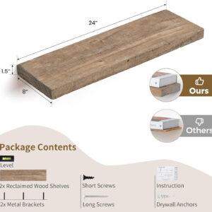 Floating Shelves | 8" Deep Rustic Reclaimed Barnwood Wall Hanging Shelves with Invisible Heavy-Duty Metal Bracket | Wall Mounted | Farmhouse Style | 36 inches, 2 PCs, Distressed Natural