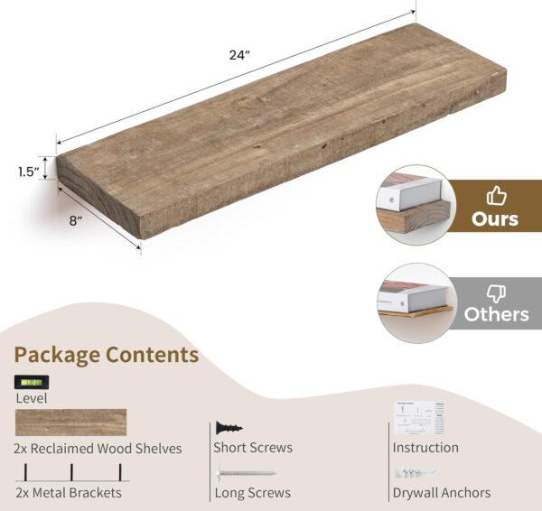 Floating Shelves | 8" Deep Rustic Reclaimed Barnwood Wall Hanging Shelves with Invisible Heavy-Duty Metal Bracket | Wall Mounted | Farmhouse Style | 36 inches, 2 PCs, Distressed Natural