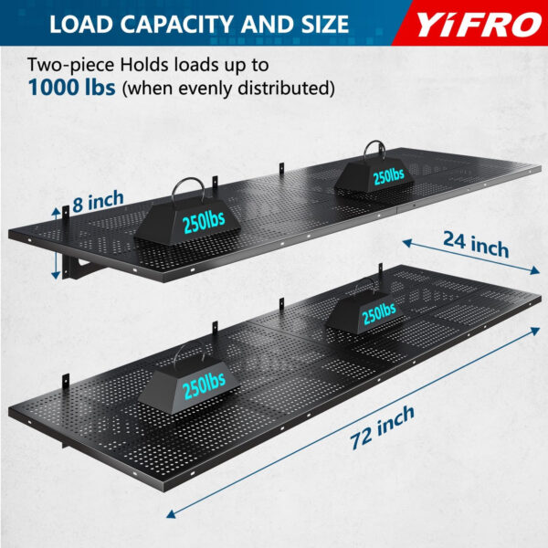 4-Pack 2x3ft Heavy Duty Garage Wall Shelving, 1000 lbs Load Capacity, Garage Shelving Wall Mounted, Garage Storage Rack with Hooks, Black