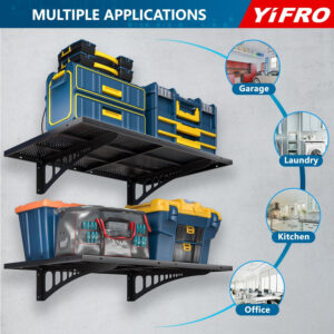 4-Pack 2x3ft Heavy Duty Garage Wall Shelving, 1000 lbs Load Capacity, Garage Shelving Wall Mounted, Garage Storage Rack with Hooks, Black