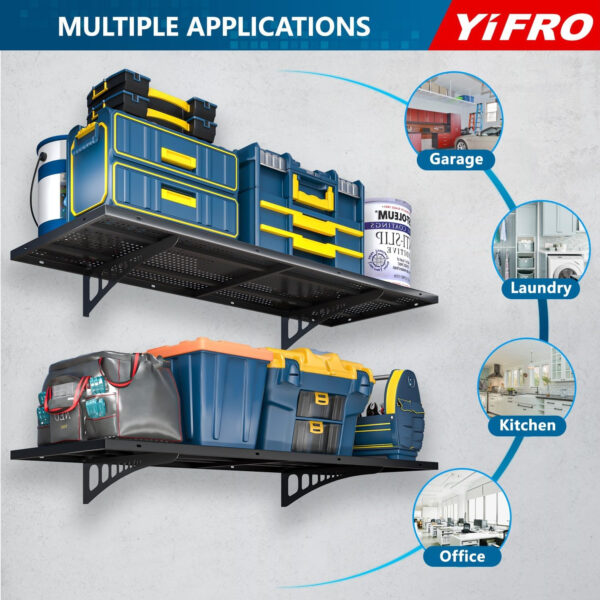 4-Pack 2x3ft Heavy Duty Garage Wall Shelving, 1000 lbs Load Capacity, Garage Shelving Wall Mounted, Garage Storage Rack with Hooks, Black