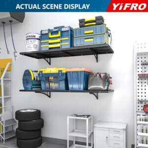 4-Pack 2x3ft Heavy Duty Garage Wall Shelving, 1000 lbs Load Capacity, Garage Shelving Wall Mounted, Garage Storage Rack with Hooks, Black