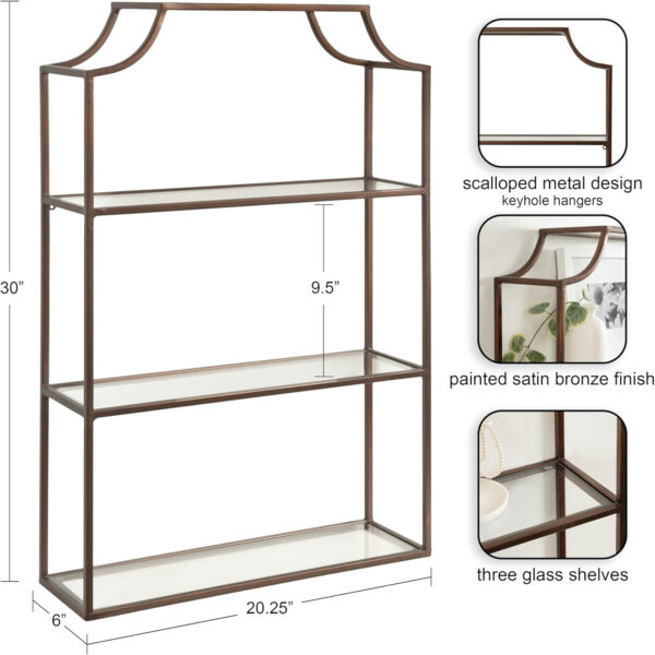 Kate and Laurel Ciel Three-Tiered Wall Shelf, 21 x 30, Bronze, Decorative Floating Shelf Storage and Wall Organizer for Over Toilet Storage Bathroom Display