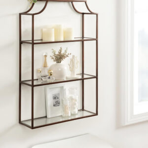 Kate and Laurel Ciel Three-Tiered Wall Shelf, 21 x 30, Bronze, Decorative Floating Shelf Storage and Wall Organizer for Over Toilet Storage Bathroom Display