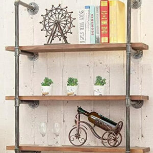 Industrial Wall Mounted Iron Floating Pipe Shelves/Shelving/Racks/Storage/Bookcases/Brackets, DIY Open Bookshelves, Retro Black (4-Tier Shelf Brackets with 3 Boards)