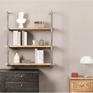 Industrial Wall Mounted Iron Floating Pipe Shelves/Shelving/Racks/Storage/Bookcases/Brackets, DIY Open Bookshelves, Retro Black (4-Tier Shelf Brackets with 3 Boards)