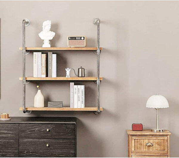 Industrial Wall Mounted Iron Floating Pipe Shelves/Shelving/Racks/Storage/Bookcases/Brackets, DIY Open Bookshelves, Retro Black (4-Tier Shelf Brackets with 3 Boards)