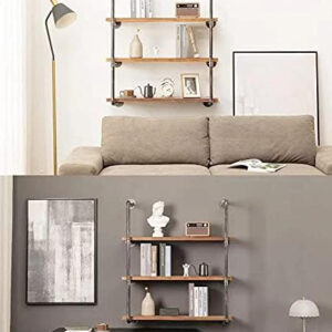 Industrial Wall Mounted Iron Floating Pipe Shelves/Shelving/Racks/Storage/Bookcases/Brackets, DIY Open Bookshelves, Retro Black (4-Tier Shelf Brackets with 3 Boards)