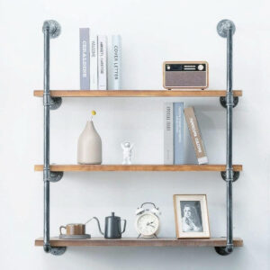 Industrial Wall Mounted Iron Floating Pipe Shelves/Shelving/Racks/Storage/Bookcases/Brackets, DIY Open Bookshelves, Retro Black (4-Tier Shelf Brackets with 3 Boards)