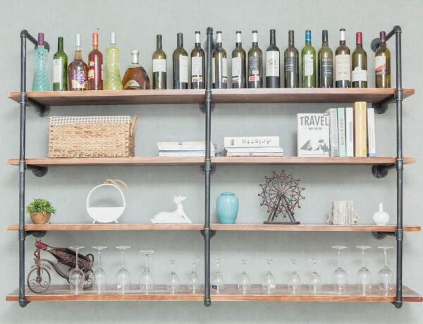 Industrial Wall Mounted Iron Floating Pipe Shelves/Shelving/Racks/Storage/Bookcases/Brackets, DIY Open Bookshelves, Retro Black (4-Tier Shelf Brackets with 3 Boards)