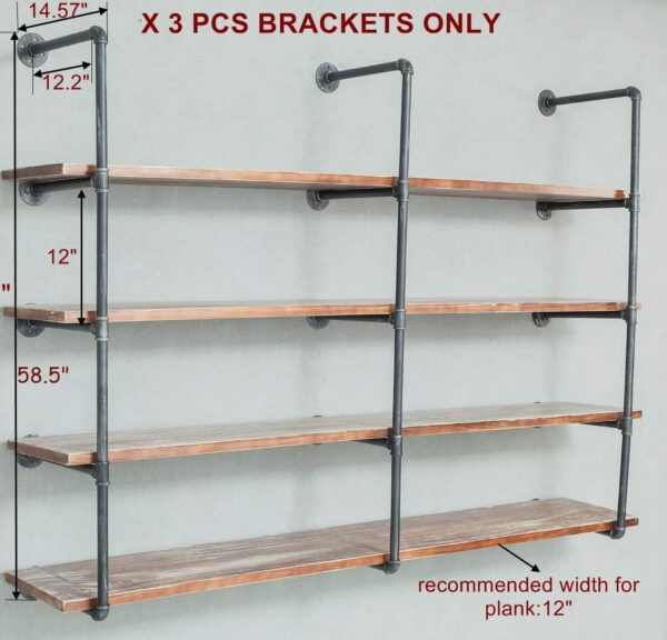 Industrial Wall Mounted Iron Floating Pipe Shelves/Shelving/Racks/Storage/Bookcases/Brackets, DIY Open Bookshelves, Retro Black (4-Tier Shelf Brackets with 3 Boards)
