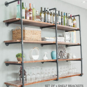 Industrial Wall Mounted Iron Floating Pipe Shelves/Shelving/Racks/Storage/Bookcases/Brackets, DIY Open Bookshelves, Retro Black (4-Tier Shelf Brackets with 3 Boards)