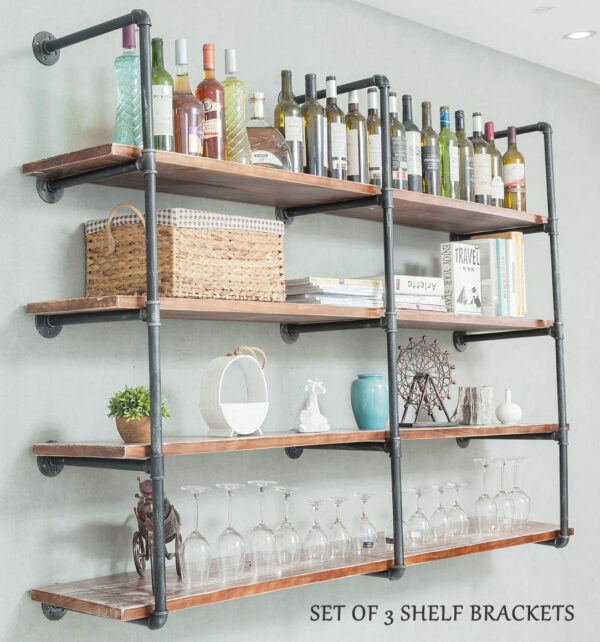 Industrial Wall Mounted Iron Floating Pipe Shelves/Shelving/Racks/Storage/Bookcases/Brackets, DIY Open Bookshelves, Retro Black (4-Tier Shelf Brackets with 3 Boards)