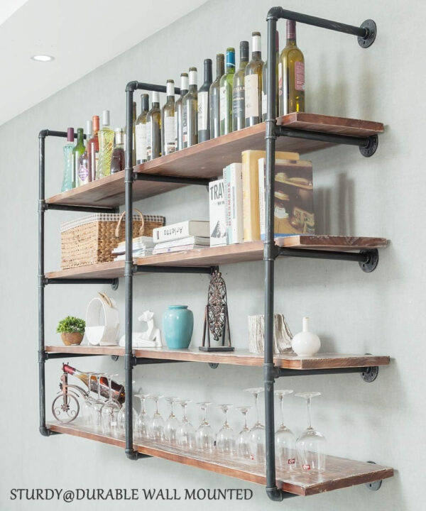 Industrial Wall Mounted Iron Floating Pipe Shelves/Shelving/Racks/Storage/Bookcases/Brackets, DIY Open Bookshelves, Retro Black (4-Tier Shelf Brackets with 3 Boards)