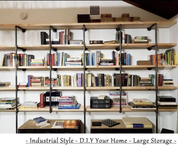 Industrial Wall Mounted Iron Floating Pipe Shelves/Shelving/Racks/Storage/Bookcases/Brackets, DIY Open Bookshelves, Retro Black (4-Tier Shelf Brackets with 3 Boards)