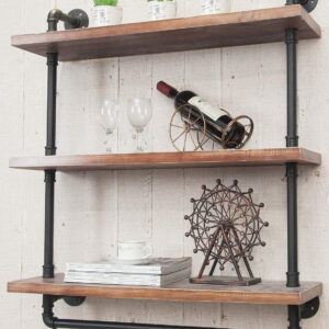 Industrial Wall Mounted Iron Floating Pipe Shelves/Shelving/Racks/Storage/Bookcases/Brackets, DIY Open Bookshelves, Retro Black (4-Tier Shelf Brackets with 3 Boards)