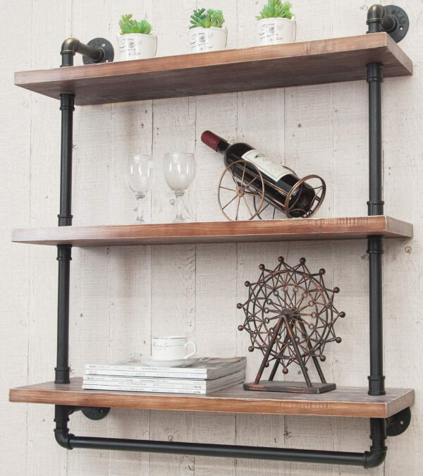 Industrial Wall Mounted Iron Floating Pipe Shelves/Shelving/Racks/Storage/Bookcases/Brackets, DIY Open Bookshelves, Retro Black (4-Tier Shelf Brackets with 3 Boards)