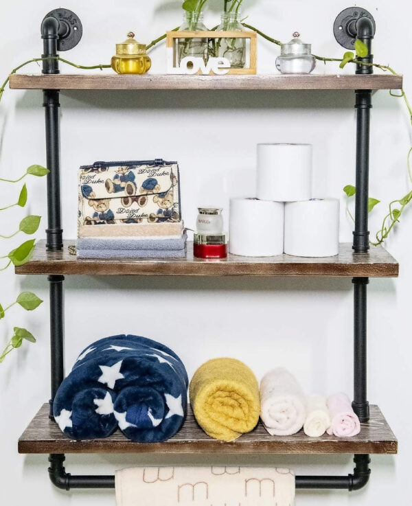 Industrial Wall Mounted Iron Floating Pipe Shelves/Shelving/Racks/Storage/Bookcases/Brackets, DIY Open Bookshelves, Retro Black (4-Tier Shelf Brackets with 3 Boards)