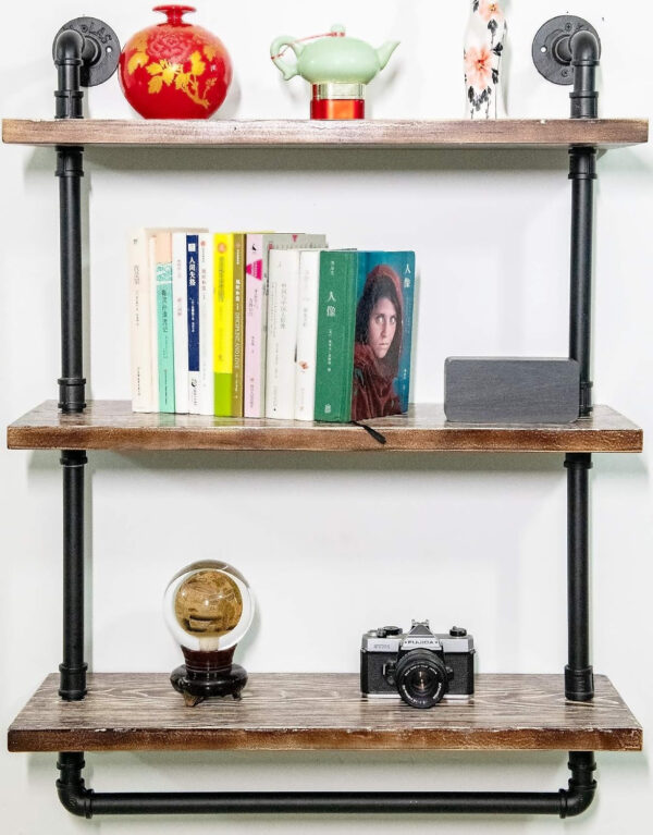Industrial Wall Mounted Iron Floating Pipe Shelves/Shelving/Racks/Storage/Bookcases/Brackets, DIY Open Bookshelves, Retro Black (4-Tier Shelf Brackets with 3 Boards)