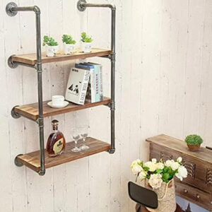 Industrial Wall Mounted Iron Floating Pipe Shelves/Shelving/Racks/Storage/Bookcases/Brackets, DIY Open Bookshelves, Retro Black (4-Tier Shelf Brackets with 3 Boards)