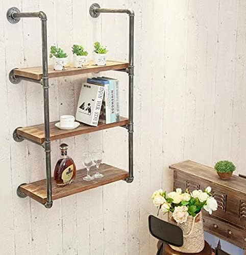 Industrial Wall Mounted Iron Floating Pipe Shelves/Shelving/Racks/Storage/Bookcases/Brackets, DIY Open Bookshelves, Retro Black (4-Tier Shelf Brackets with 3 Boards)