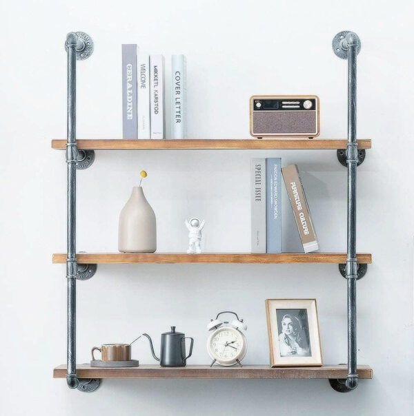 Industrial Wall Mounted Iron Floating Pipe Shelves/Shelving/Racks/Storage/Bookcases/Brackets, DIY Open Bookshelves, Retro Black (4-Tier Shelf Brackets with 3 Boards)
