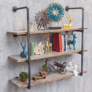 Industrial Wall Mounted Iron Floating Pipe Shelves/Shelving/Racks/Storage/Bookcases/Brackets, DIY Open Bookshelves, Retro Black (4-Tier Shelf Brackets with 3 Boards)