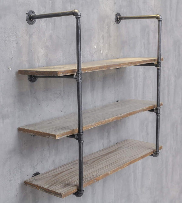 Industrial Wall Mounted Iron Floating Pipe Shelves/Shelving/Racks/Storage/Bookcases/Brackets, DIY Open Bookshelves, Retro Black (4-Tier Shelf Brackets with 3 Boards)