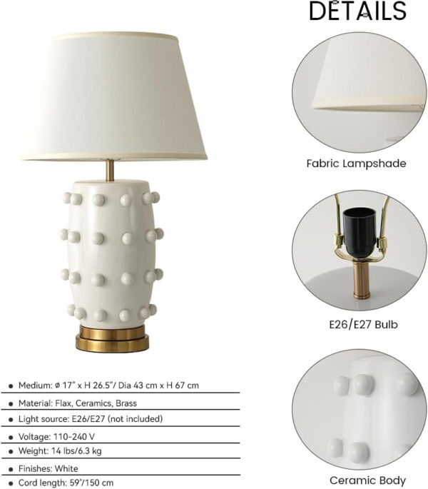 68884d8d32bf17b4e1a1a103584b2ef5bbda986efc26c06d2e816.jpg Modern Ceramic Linden Table Lamp - 30" White Ball Farmhouse Design, Classic Nightstand Large Linden Lamp Tapered Drum Shade for Living Room, Bedroom, Office, and Home (White)