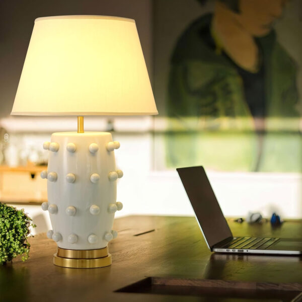 68884d8e6df1a2b375b53b3c982d281a6b01545c37cecae1db052.jpg Modern Ceramic Linden Table Lamp - 30" White Ball Farmhouse Design, Classic Nightstand Large Linden Lamp Tapered Drum Shade for Living Room, Bedroom, Office, and Home (White)