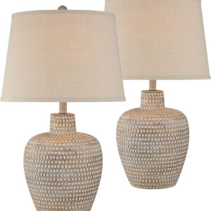 Regency Hill Glenn Rustic Southwestern Style Pot Table Lamps 27" Tall Set of 2 Dappled Sandy Beige Oatmeal Fabric Drum Shades for Living Room Bedroom House Bedside Nightstand Home Office
