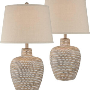 Regency Hill Glenn Rustic Southwestern Style Pot Table Lamps 27" Tall Set of 2 Dappled Sandy Beige Oatmeal Fabric Drum Shades for Living Room Bedroom House Bedside Nightstand Home Office