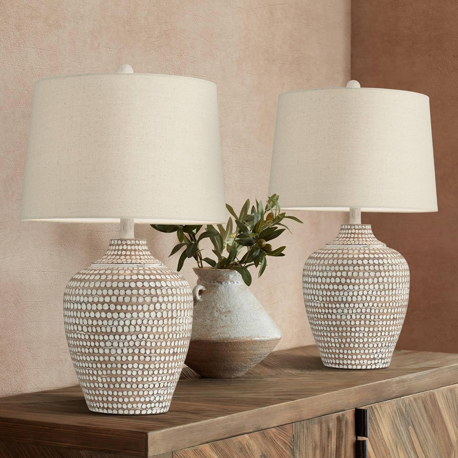 Regency Hill Alese 23 1/2" High Textured Dot Jug Small Farmhouse Rustic Coastal Accent Table Lamps Set of 2 Beige Light Earth Finish Single Oatmeal Shade Living Room Bedroom Bedside Nightstand House