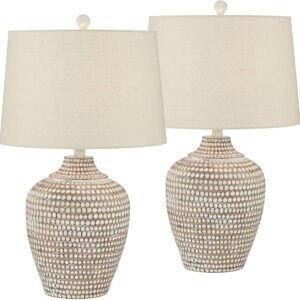 Regency Hill Alese 23 1/2" High Textured Dot Jug Small Farmhouse Rustic Coastal Accent Table Lamps Set of 2 Beige Light Earth Finish Single Oatmeal Shade Living Room Bedroom Bedside Nightstand House