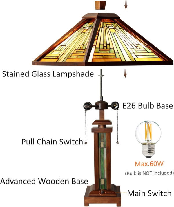 Capulina Tiffany Lamp Stained Glass Table Lamp 3-Light 15X15X26 Inches Amber Brown Wooden Base Tiffany Style Desk Lamp with Night Light Decor for Living Room Bedroom Home Office