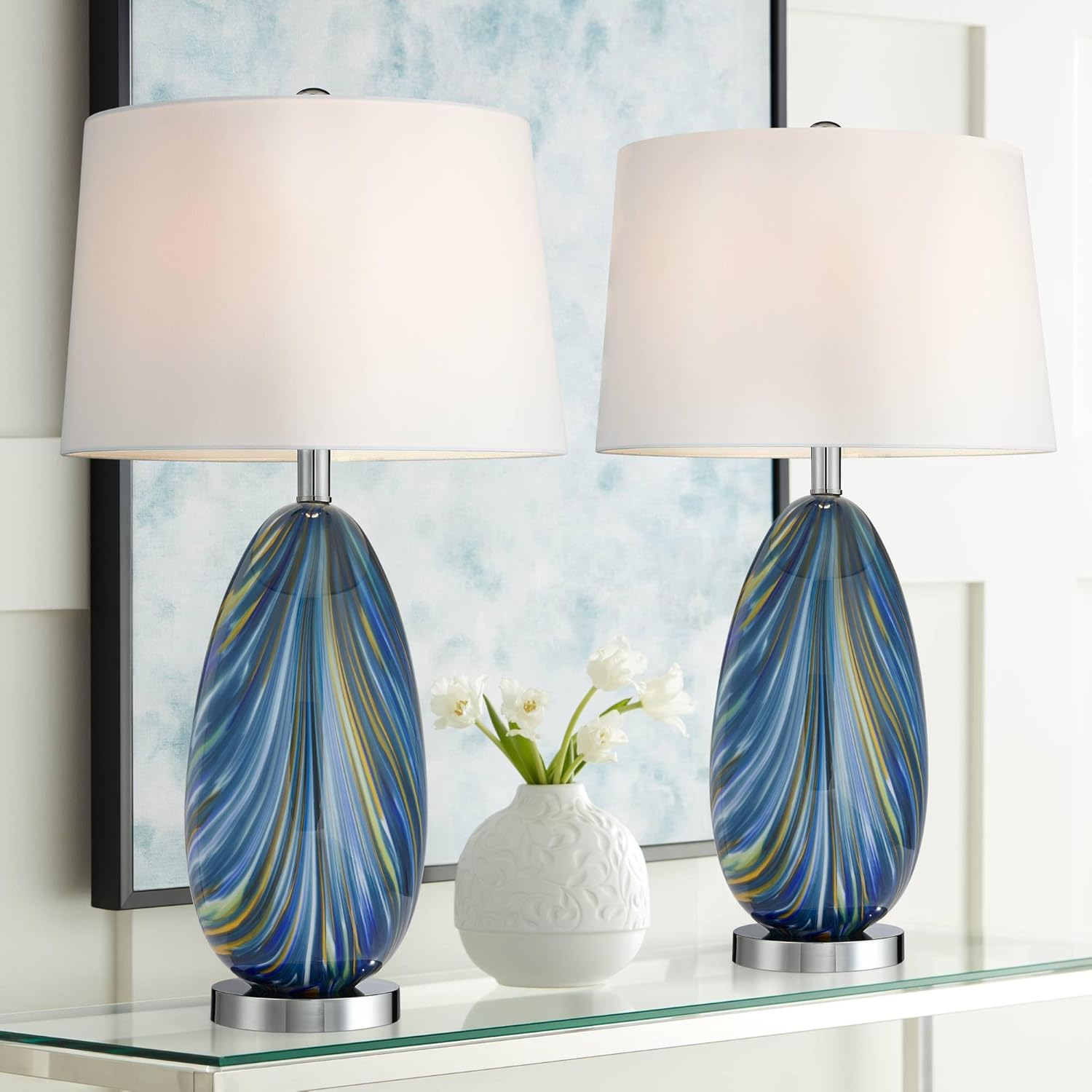 Possini Euro Design Pablo 27" Tall Modern Coastal Table Lamps Set of 2 Blue Art Glass White Shade Living Room Bedroom Bedside Nightstand House Office Home Kitchen Entryway Console (Colors May Vary)