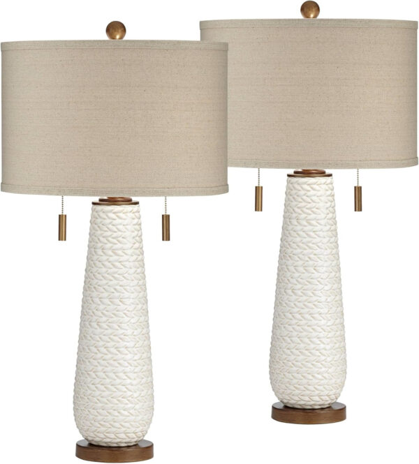 Possini Euro Design Kingston Mid Century Modern Table Lamps 32 3/4" Tall Set of 2 White Textured Ceramic Taupe Drum Shade Decor for Bedroom Living Family Room Bedside Nightstand House Home Office