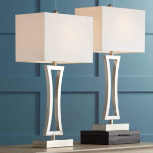 360 Lighting Roxie Modern Table Lamps 31" Tall Set of 2 with Dimmers Brushed Nickel Off White Fabric Rectangular Shade for Bedroom Living Room House Bedside Nightstand Home Office Entryway