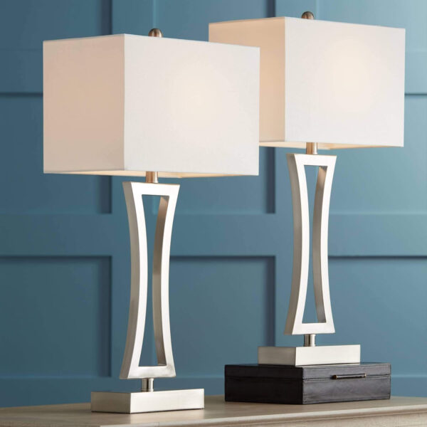 360 Lighting Roxie Modern Table Lamps 31" Tall Set of 2 with Dimmers Brushed Nickel Off White Fabric Rectangular Shade for Bedroom Living Room House Bedside Nightstand Home Office Entryway