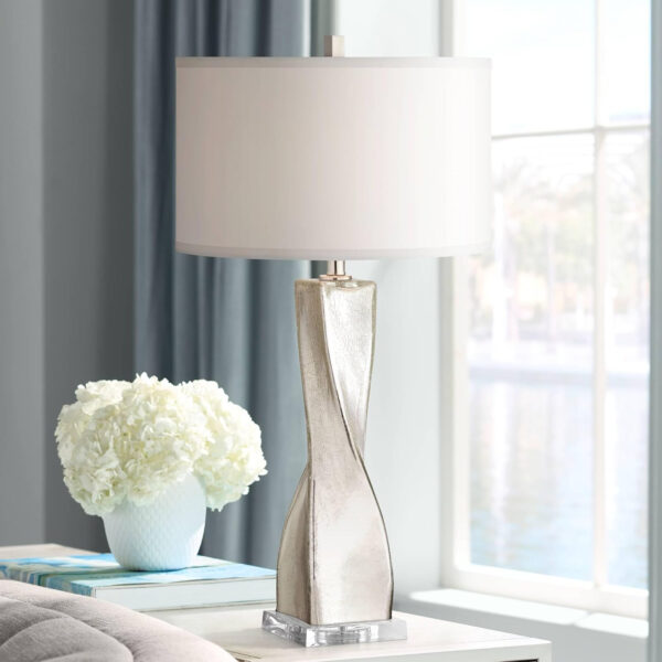 68884f58d7333cd67883659d34328e33eb1462a5d33e87e3b8ee2.jpg Possini Euro Design Oirin 32 1/4" Tall Large Modern Luxe End Table Lamps Set of 2 Crackle Silver Finish Mercury Glass White Shade Living Room Bedroom Bedside Nightstand House Office Home Reading
