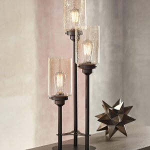 68884f674c426c17c4834d627e3bd6c3952a3cb6a7b793d001a49.jpg Franklin Iron Works Libby Modern Industrial Rustic Farmhouse Table Lamp 30" Tall Full Size Bronze Metal 3-Light LED Amber Seeded Cylinder Glass for Living Room Bedroom House Bedside Nightstand