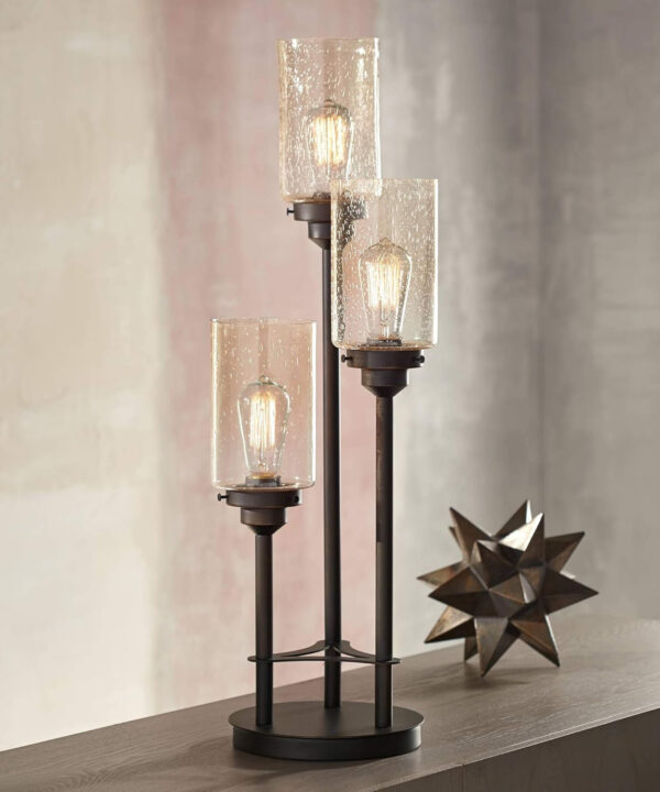 68884f674c426c17c4834d627e3bd6c3952a3cb6a7b793d001a49.jpg Franklin Iron Works Libby Modern Industrial Rustic Farmhouse Table Lamp 30" Tall Full Size Bronze Metal 3-Light LED Amber Seeded Cylinder Glass for Living Room Bedroom House Bedside Nightstand