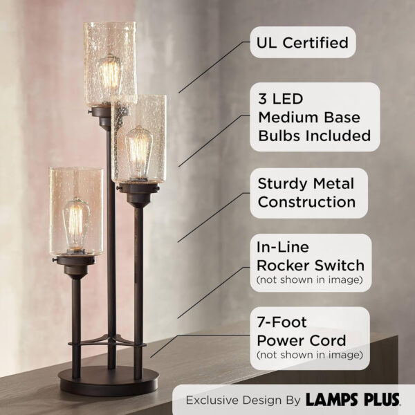 68884f6c40efdae1d9995bcde377422e1a2b797d0498e160990d4.jpg Franklin Iron Works Libby Modern Industrial Rustic Farmhouse Table Lamp 30" Tall Full Size Bronze Metal 3-Light LED Amber Seeded Cylinder Glass for Living Room Bedroom House Bedside Nightstand