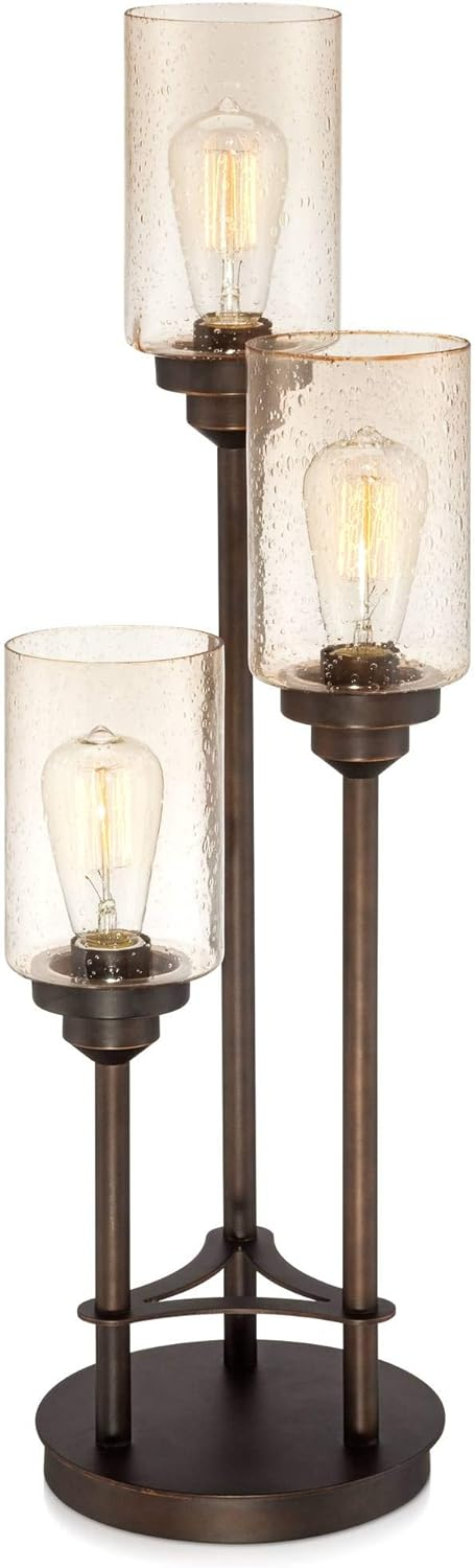 68884f6e2d638fdd1fdd7990d8405e64436b57e61666b2b018bd5.jpg Franklin Iron Works Libby Modern Industrial Rustic Farmhouse Table Lamp 30" Tall Full Size Bronze Metal 3-Light LED Amber Seeded Cylinder Glass for Living Room Bedroom House Bedside Nightstand